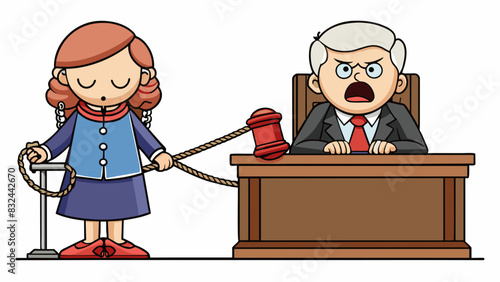 A person standing in front of a judges bench their hands bound together with a thick rope. The judges expression is stern as they read out the charges. Cartoon Vector.