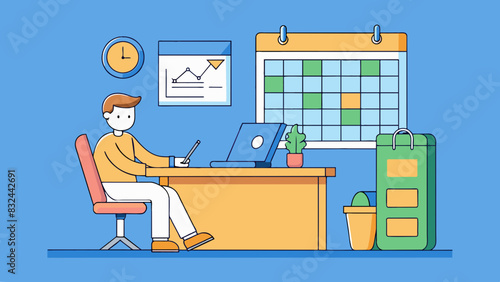 A person sitting at a desk with a todo list a schedule and a calendar hanging on the wall. This represents the personal administration of an. Cartoon Vector.