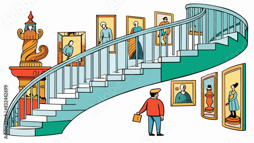 A person slowly makes their way up a spiraling staircase surrounded by paintings and sculptures on the walls. The staircase is grand and ornate with. Cartoon Vector.