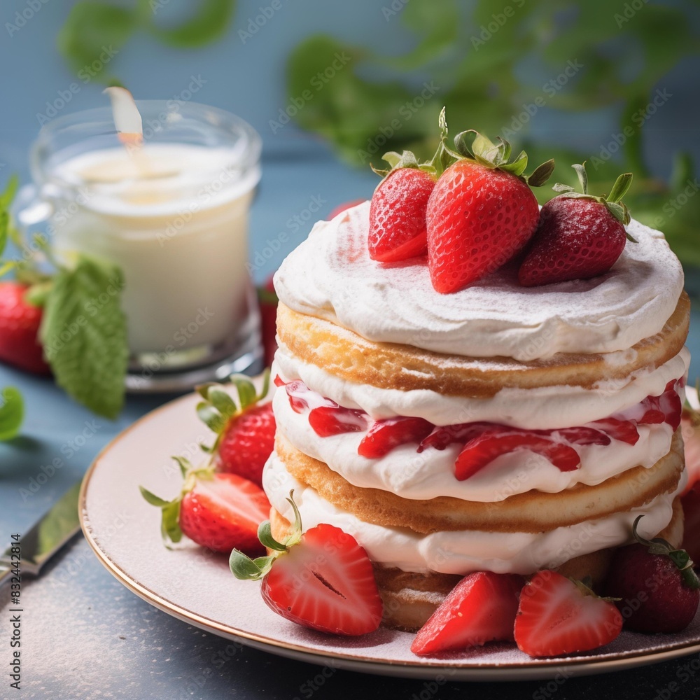 close up of cake with strawberries and cream; photo of plate with homemade pancakes decorated with whipped cream; space for text; blue background close up of cake with strawberries and cream; photo of plate with homemade pancakes decorated with whipped cream; space for text; blue background