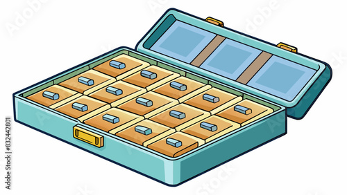 A pillbox organizer with multiple compartments and a locking mechanism. Ideal for helping individuals with memory issues to keep track of their daily. Cartoon Vector.