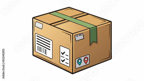 A plain cardboard box with a shipping label and tape marks highlighting the weight of the package and the destination address.. Cartoon Vector.