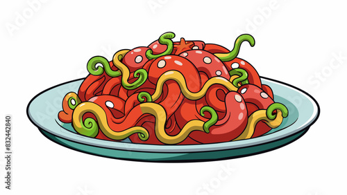 A plate of exoticlooking food with an unappetizing smell emanating from it. The dish consists of slimy wriggling tentacles and unknown meats making it. Cartoon Vector.