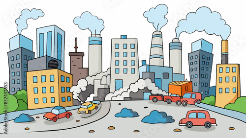A polluted cityscape with tall buildings and a thick layer of smog covering the sky. The air is thick and heavy and the streets are littered with. Cartoon Vector.