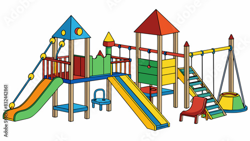 A playground with different types of swings slides and climbing structures is onto as children of all ages can find soing they can play with and. Cartoon Vector.