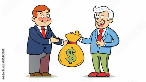 A politician is caught on camera accepting a large sum of money from a corporate lobbyist despite claiming to have no bias in their decisionmaking. Cartoon Vector.