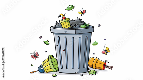 A pile of trash overflowing from a garbage can emitting a pungent odor and attracting flies and other pests.. Cartoon Vector.