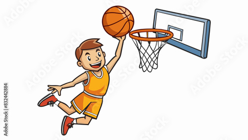 A player jumps in the air and shoots the ball towards the hoop their arm extended and fingers spread to release the ball with a flick of the wrist.. Cartoon Vector.