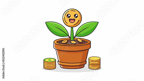 A plant growing in a pot on a windowsill with coins tered around its base. The plants leaves are vibrant and healthy and the soil is rich and. Cartoon Vector.