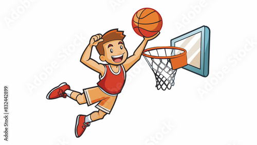 A player jumps high into the air their arms outstretched as they catch the ball and slam it through the hoop with a powerful dunk. The backboard made. Cartoon Vector.