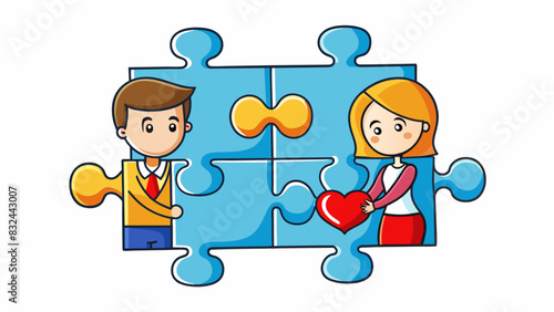 A puzzle with each piece intricately fitting together creating a beautiful picture. It symbolizes the compatibility and unity of two people in a. Cartoon Vector.