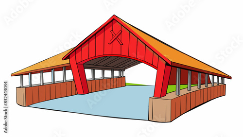 A quaint covered bridge built from weathered red planks and topped with a pointed wooden roof spanning a narrow river and connecting two small towns.. Cartoon Vector.