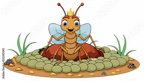 A queen ant deep in the heart of her elaborate underground nest. She tirelessly tends to her growing brood of eggs and larvae the vitality of which. Cartoon Vector.