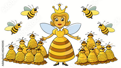A queen bee surrounded by a bustling hive of devoted worker bees. Her stripes and larger size distinguish her from her subjects and her commanding. Cartoon Vector.