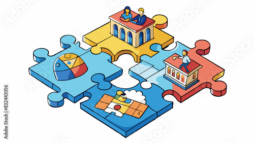 A puzzle with various intersecting pieces representing different sectors of society all working together to form a cohesive picture. However some. Cartoon Vector.
