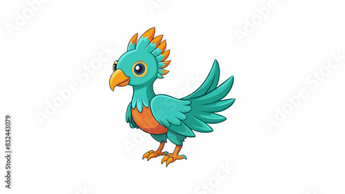 A rare type of bird with vibrant feathers in shades of turquoise and orange resembling a miniature phoenix. Its call is said to be hauntingly. Cartoon Vector. © DigitalSpace