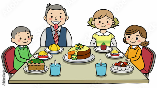 A regular family meal consists of a main course a side dish and a dessert all served at the same time. Each family member has a designated seat at the. Cartoon Vector.