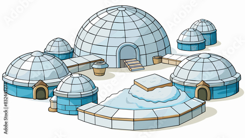 A remote arctic settlement with igloos made of compacted snow blocks their curved entrances facing towards each other to create an insulated courtyard. Cartoon Vector.