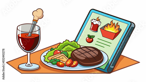 A restaurant menu suggests a mouthwatering sizzling steak accompanied by a steaming baked potato fresh salad and a chilled glass of red wine tempting. Cartoon Vector.