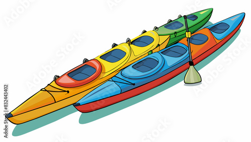 A row of mismatched kayaks line the shore of a calm lake. Each kayak is made of brightly colored fiberglass and equipped with paddles and a life vest. Cartoon Vector.
