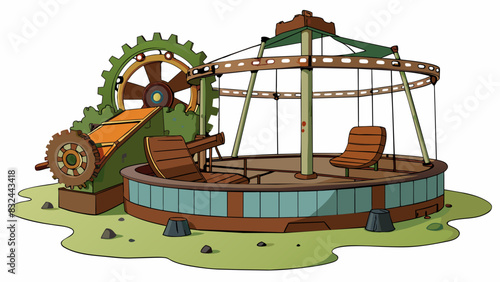 A rundown carnival ride abandoned and overgrown its rusted gears and broken lights giving off an eerie aura.. Cartoon Vector.
