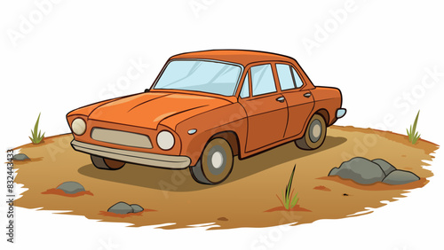 A rusted abandoned car in a desolate field its once glossy paint now chipped and faded a reminder of its long history and the passing of time.. Cartoon Vector.