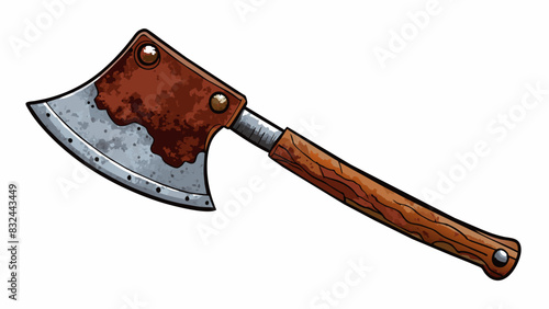 A rusted hatchet its blade stained with dark dried . The handle is slick with fresh making it difficult to grip.. Cartoon Vector.
