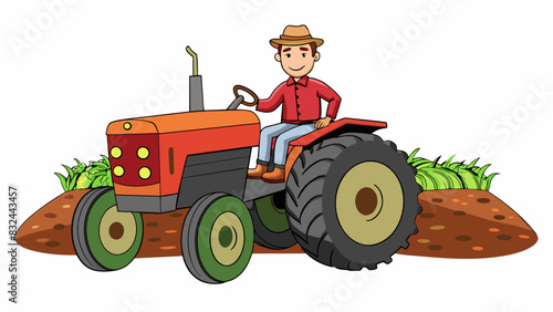 A rusted red tractor its paint chipped and faded sat in a field surrounded by rows of freshly planted crops. A farmer in a flannel shirt and dirty. Cartoon Vector.