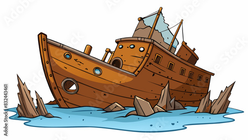 A rusted metal shipwreck sits tilted on the ocean floor its bow cracked and bent with broken windows and torn sails flapping in the current.. Cartoon Vector.