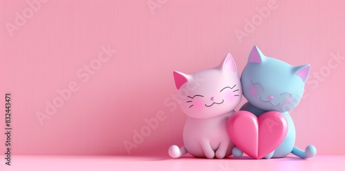 Two cute cats in love, pink background with heart shape, vibrant pastel colors. Copy space image Place for adding text or design