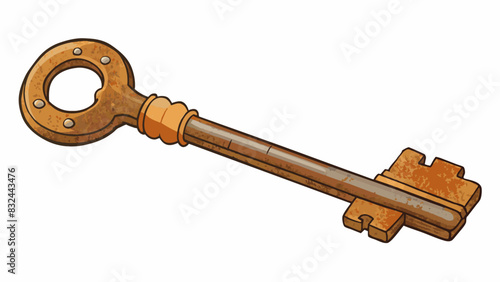 A rusted old key trying to unlock a door that has been closed for years. The grooves of the key are worn and its once shiny surface is now dull but it. Cartoon Vector.
