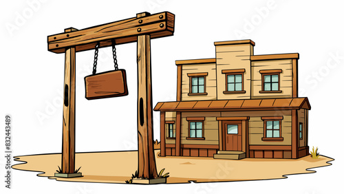 A rustic wooden sign swings on a post in front of an old saloon swaying back and forth in the warm breeze. The weathered planks of the building creak. Cartoon Vector.