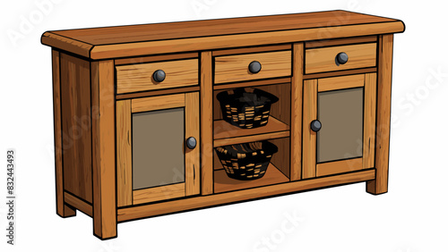 A rustic farmhousestyle cabinet made of reclaimed barn wood with a natural finish and iron hardware. The cabinet has three drawers with different. Cartoon Vector.