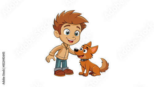 A sculpture of a young boy playing with a dog captured in midmotion with a big smile on his face. The boys hair and the dogs fur are intricately. Cartoon Vector. photo
