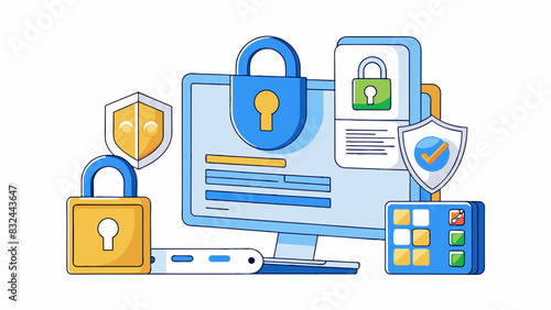 A secure online platform with advanced encryption and multifactor authentication where users can securely store sensitive information and financial. Cartoon Vector.