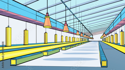 A series of fluorescent lights lining the ceiling of a large warehouse casting a bright and uniform glow over the work area.. Cartoon Vector.