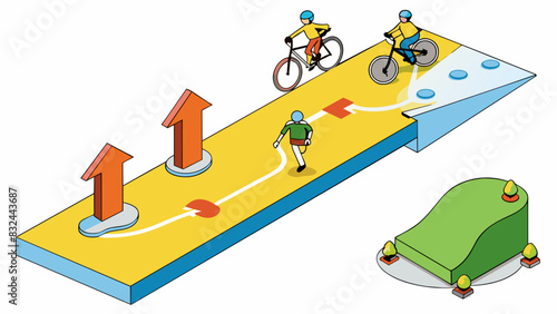 A set of footprints and arrows painted on the sidewalk guiding runners and cyclists along a designated path.. Cartoon Vector.