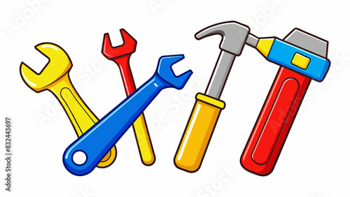 A set of primarycolored hand tools including a red hammer a blue screwdriver and a yellow wrench. Made of durable metal and with basic shapes these. Cartoon Vector.