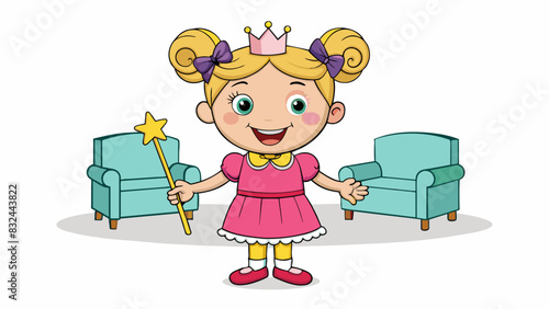 A shy toddler with pigtails and a missing tooth holding a glittery wand and wearing a princess costume while twirling around in the living room.. Cartoon Vector.
