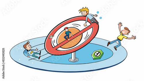 A sign for a GravityFree Zone that constantly spins in circles causing people to stumble and fall as they try to enter.. Cartoon Vector.