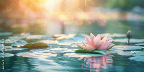 a pond with water lilyand lily pad and blur soft light background photo