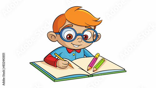 A shy kid with glasses and freckles hunched over a drawing book and creating colorful masterpieces with crayons.. Cartoon Vector.