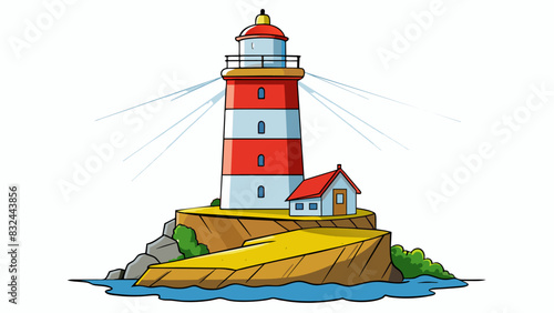 A significantly bright lighthouse standing tall on a rocky cliff its brilliant light guiding ships safely to shore.. Cartoon Vector.