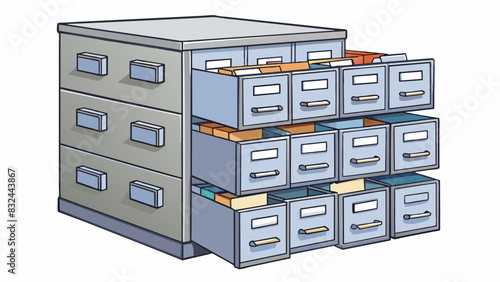 A silver filing cabinet with multiple drawers each labeled with different categories like invoices or contracts. The drawers are stuffed full of. Cartoon Vector.
