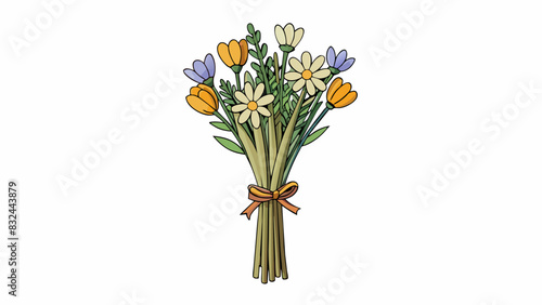 A simple bouquet of wildflowers carefully handpicked and tied together with a satin ribbon radiating a rustic and charming vibe.. Cartoon Vector.