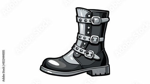 A sleek boot with a shiny black finish adorned with silver buckles and zippers. The material is faux leather making it stylish and crueltyfree.. Cartoon Vector.