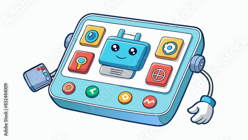 A sleek handheld device with a touch screen and multiple icons that acts as a virtual assistant able to complete tasks and answer questions through. Cartoon Vector.