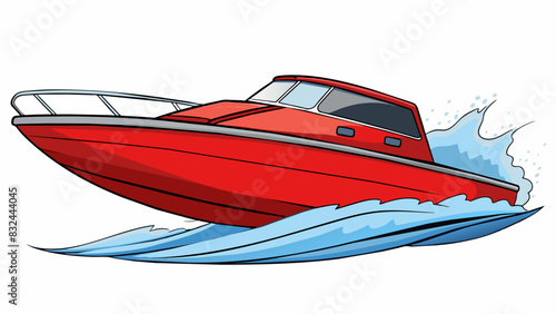 A sleek modern motorboat with a fiberglass hull and a vibrant red exterior zooming through the ocean waves with the wind in its wake. Its triple. Cartoon Vector.