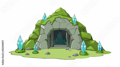 A small cave entrance decorated with hanging crystals and mosscovered rocks leading to a hidden underground world.. Cartoon Vector.
