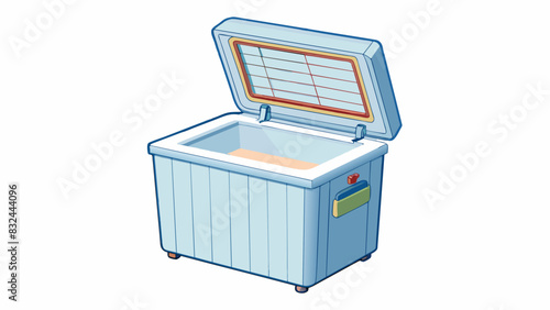 A small cheststyle freezer with a white exterior and a hinged lid on top. The lid has a lock and the interior is lined with a thin layer of. Cartoon Vector.